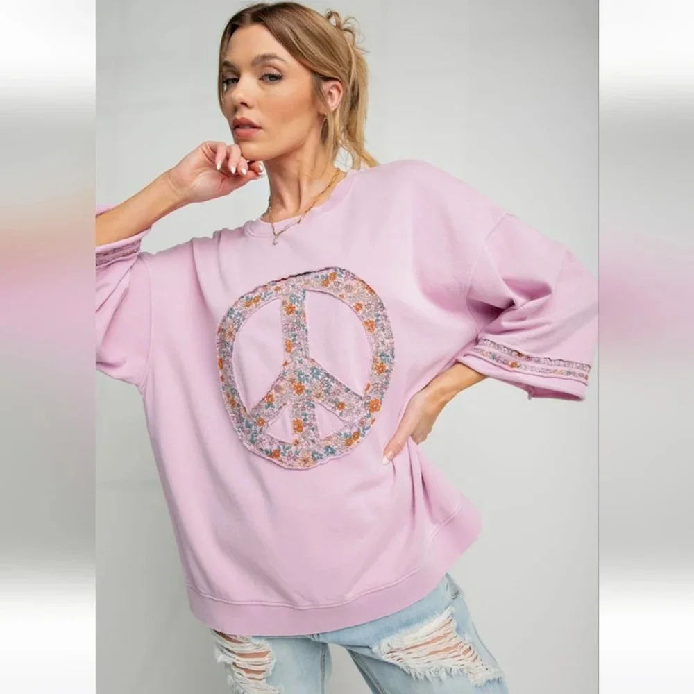 New! Easel Mineral Washed Terry Floral Peace Sign Pullover